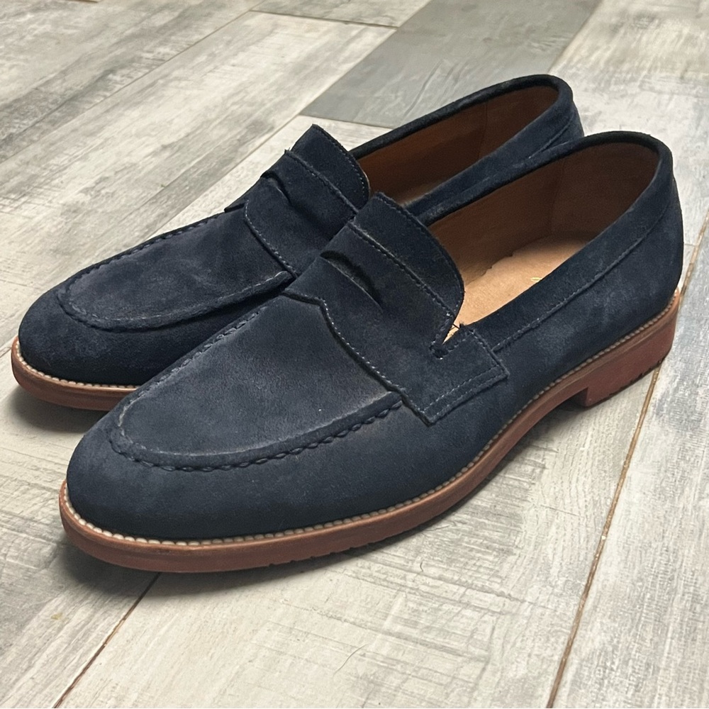 J Crew Kenton Navy Blue Suede Leather Slip On Penny Loafer Shoe 12